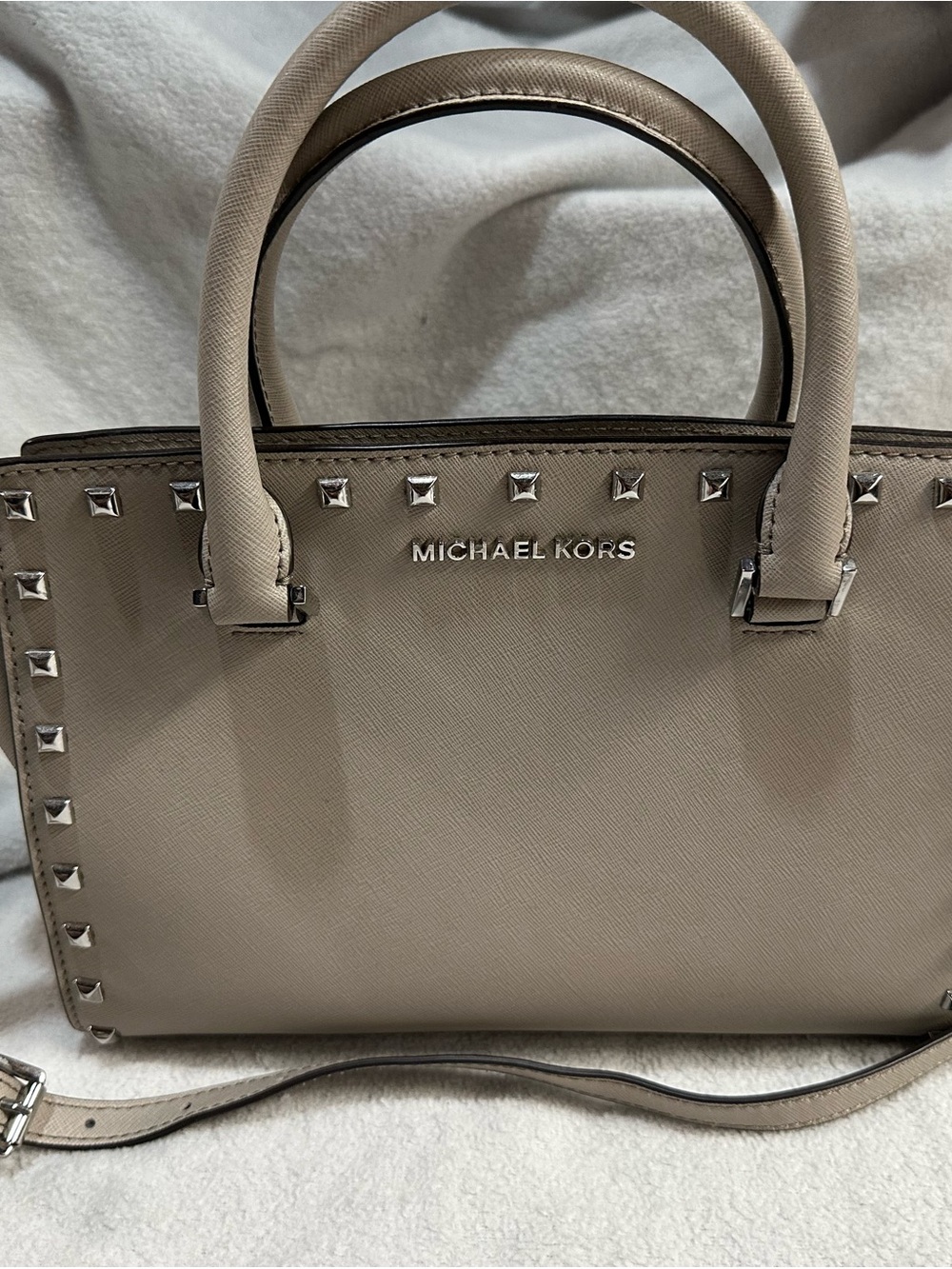 MICHAEL KORS Taupe Saffiano Leather Studded Satchel